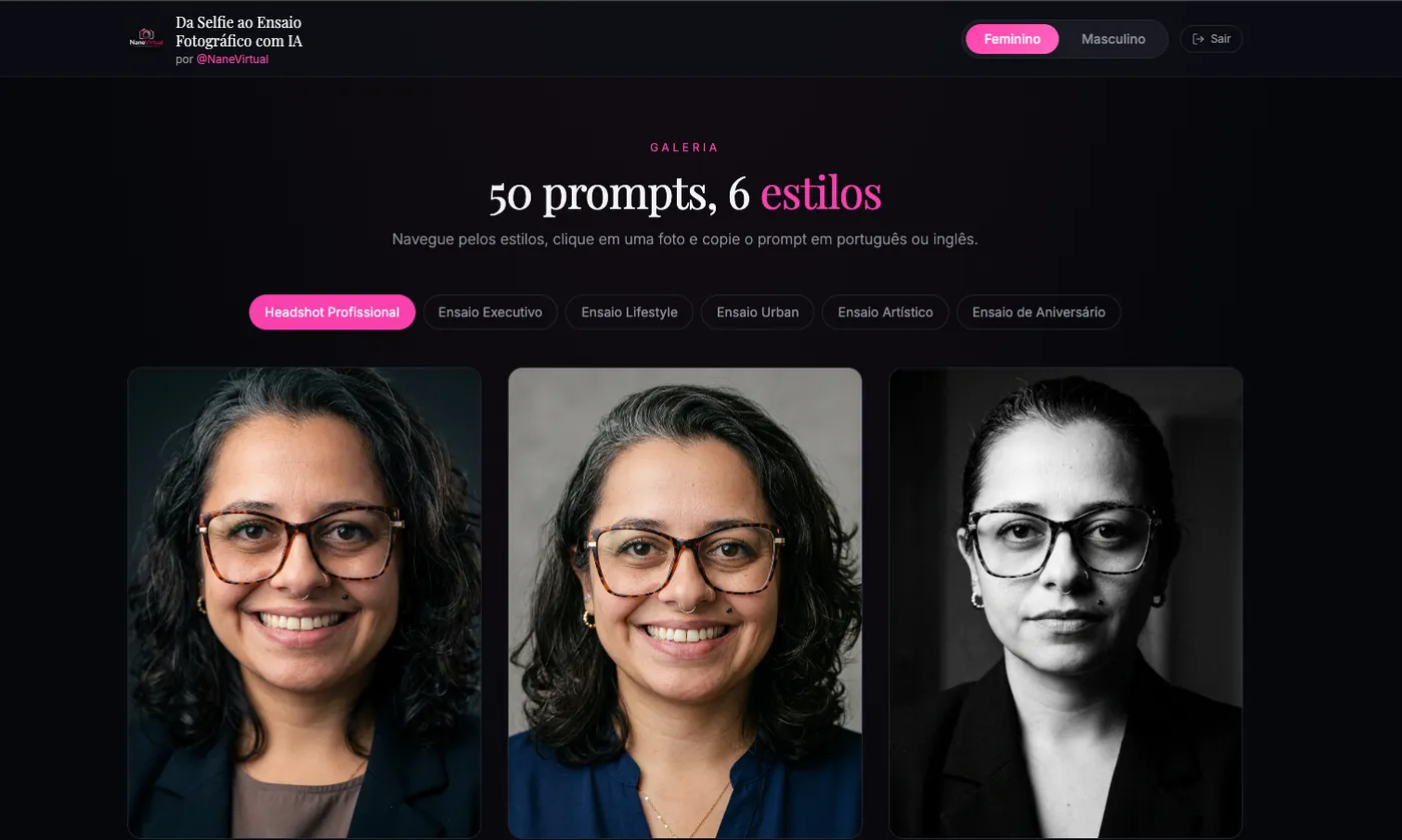 Preview do sistema online da Galeria de Prompts Nane Virtual — prompts em português e inglês